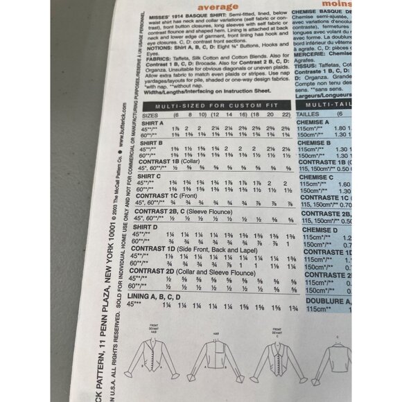 Butterick Sewing Pattern Sizes 12-16 B4091 Basque Shirt Making History UNCUT - Picture 5 of 7